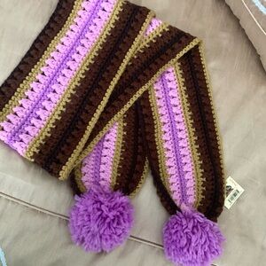 NWT Lucky Brand Purple Multicolor Crochet Scarf with Pom Poms